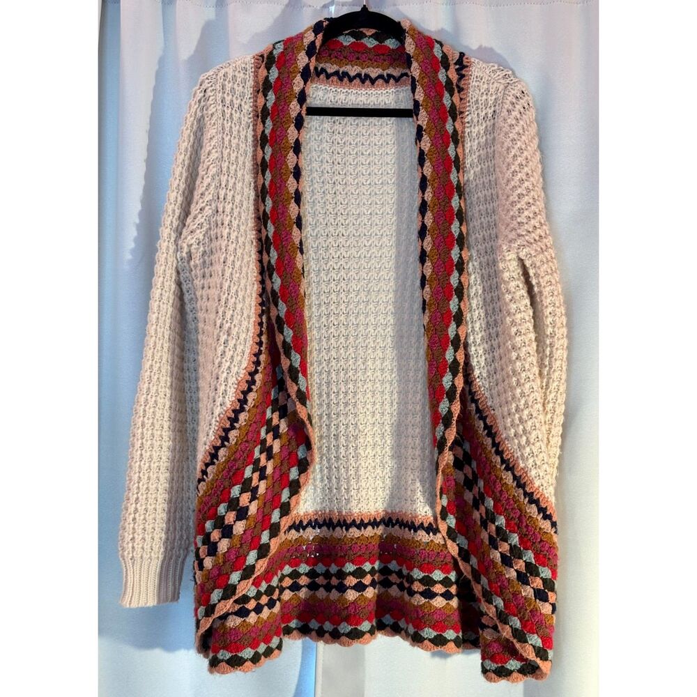 Cream Chunky Knit Open Cardigan Multicolored Crochet Trim Boho Handmade Sweater